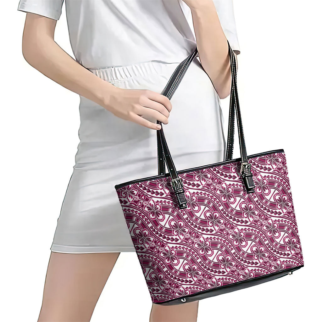 Hibiscus Bloom Island Tribal Waves Leather Tote Bag Pink Polynesian Pattern LT01 - Polynesian Pride