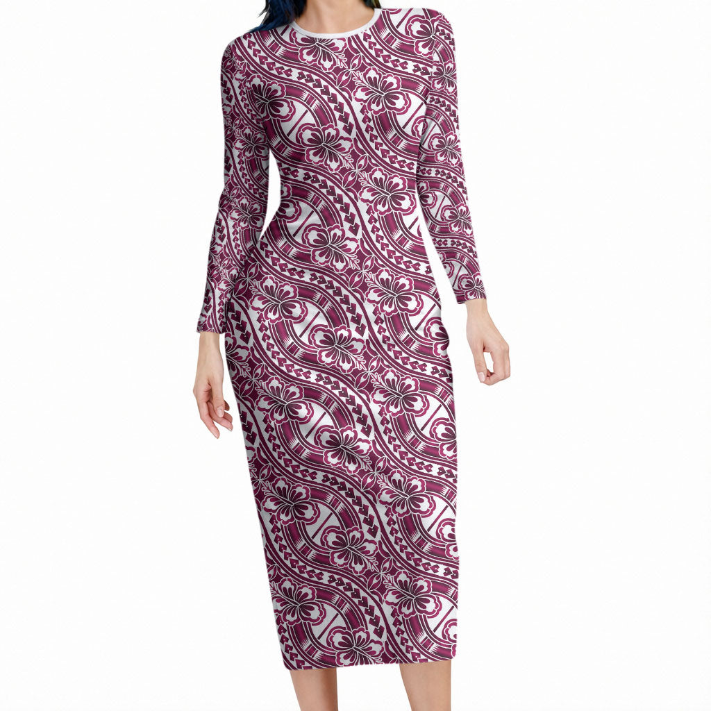Hibiscus Bloom Island Tribal Waves Long Sleeve Bodycon Dress Pink Polynesian Pattern LT01 Long Dress Pink - Polynesian Pride