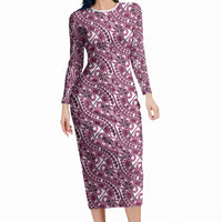Hibiscus Bloom Island Tribal Waves Long Sleeve Bodycon Dress Pink Polynesian Pattern LT01 Long Dress Pink - Polynesian Pride