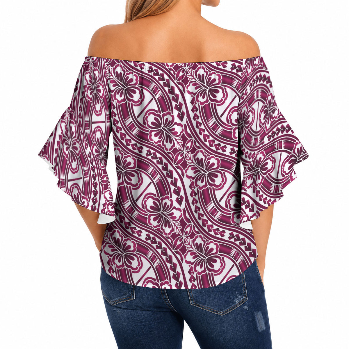 Hibiscus Bloom Island Tribal Waves Off Shoulder Wrap Waist Top Pink Polynesian Pattern LT01 - Polynesian Pride