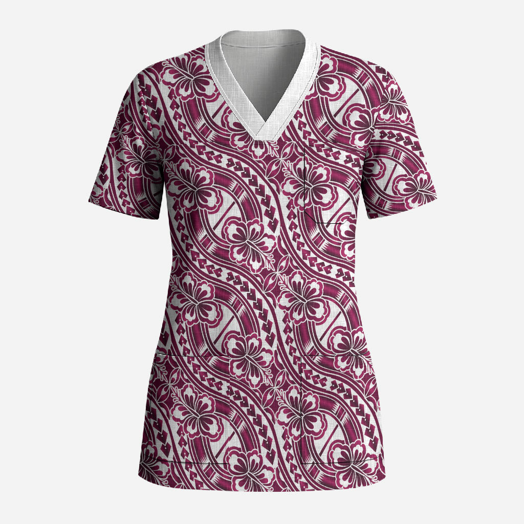 Hibiscus Bloom Island Tribal Waves Scrub Top Pink Polynesian Pattern LT01 Adult Pink - Polynesian Pride