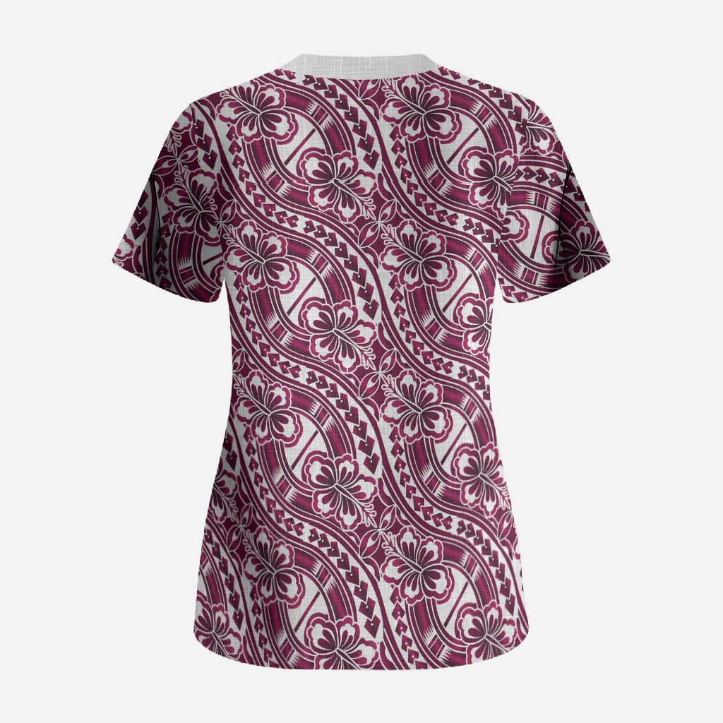 Hibiscus Bloom Island Tribal Waves Scrub Top Pink Polynesian Pattern LT01 - Polynesian Pride