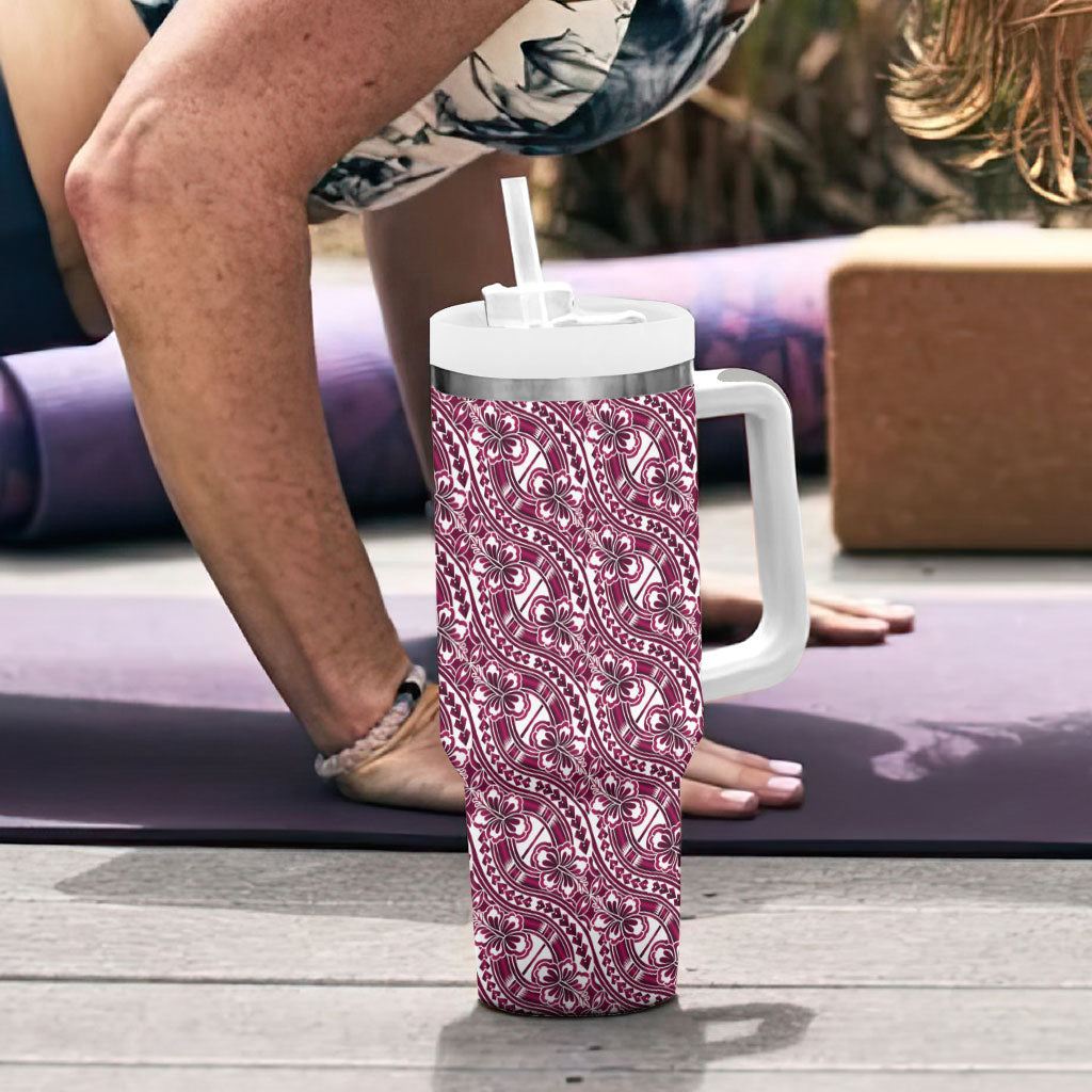 Hibiscus Bloom Island Tribal Waves Tumbler With Handle Pink Polynesian Pattern LT01 - Polynesian Pride