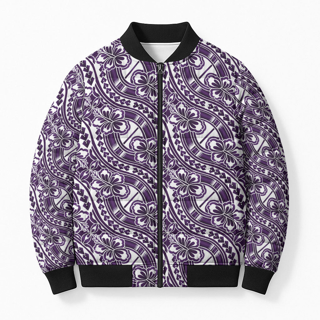 Hibiscus Bloom Island Tribal Waves Bomber Puffer Jacket Purple Polynesian Pattern LT01 Unisex Purple - Polynesian Pride