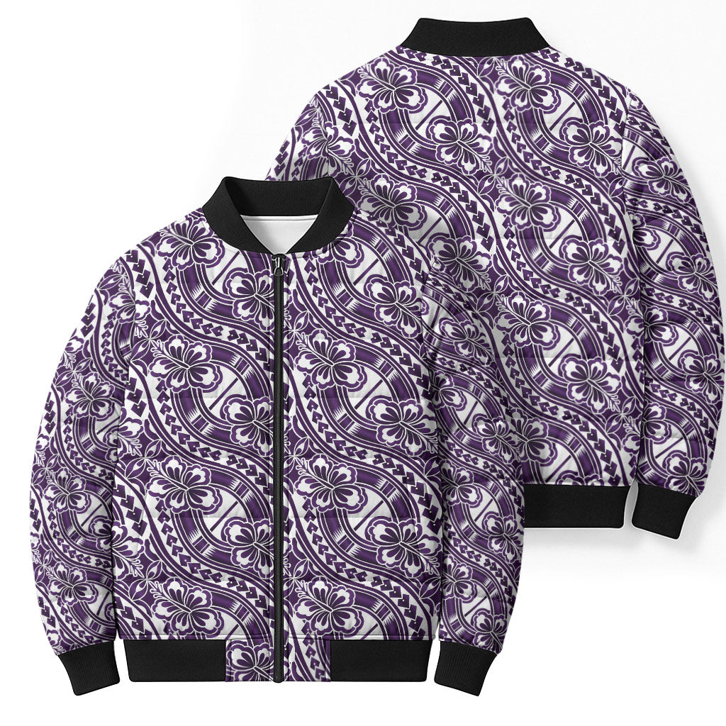 Hibiscus Bloom Island Tribal Waves Bomber Puffer Jacket Purple Polynesian Pattern LT01 - Polynesian Pride