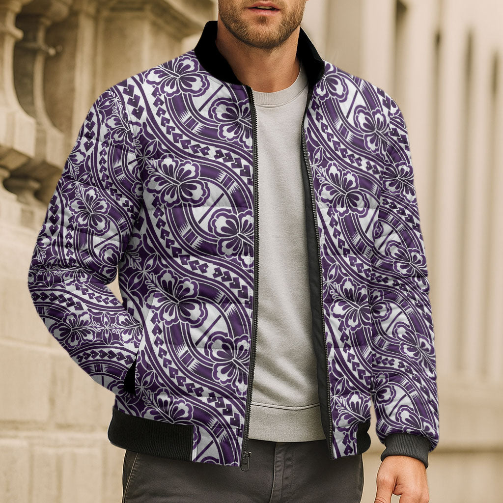 Hibiscus Bloom Island Tribal Waves Bomber Puffer Jacket Purple Polynesian Pattern LT01 - Polynesian Pride