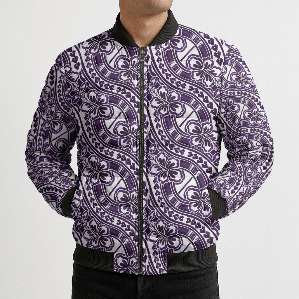Hibiscus Bloom Island Tribal Waves Bomber Puffer Jacket Purple Polynesian Pattern LT01 - Polynesian Pride