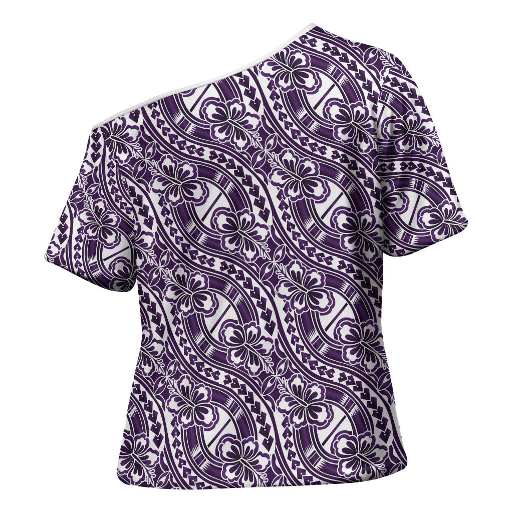 Hibiscus Bloom Island Tribal Waves Cross Shoulder Shirt Purple Polynesian Pattern LT01 - Polynesian Pride