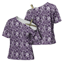 Hibiscus Bloom Island Tribal Waves Cross Shoulder Shirt Purple Polynesian Pattern LT01 - Polynesian Pride