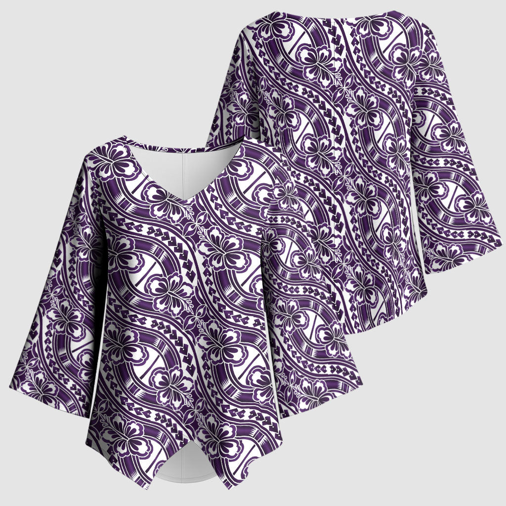 Hibiscus Bloom Island Tribal Waves Kimono Sleeve Blouse Purple Polynesian Pattern LT01 - Polynesian Pride