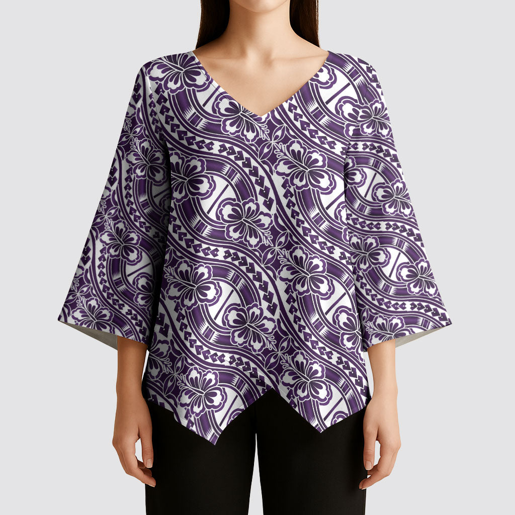 Hibiscus Bloom Island Tribal Waves Kimono Sleeve Blouse Purple Polynesian Pattern LT01 - Polynesian Pride