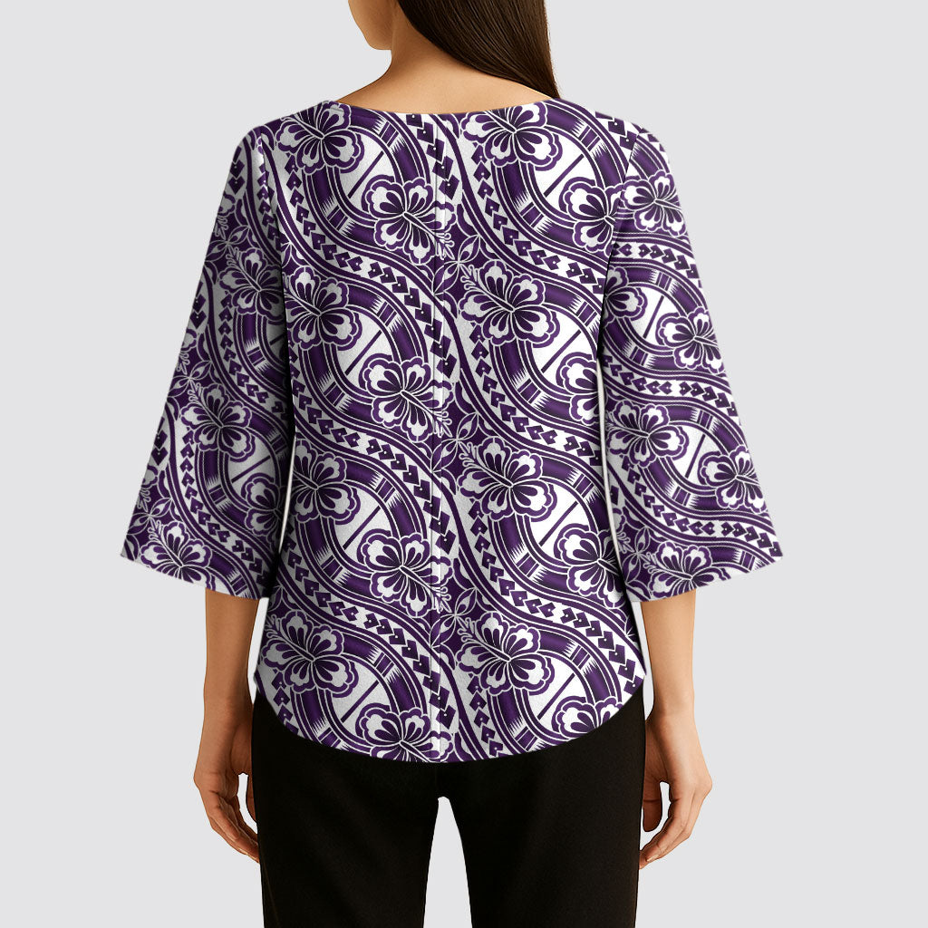 Hibiscus Bloom Island Tribal Waves Kimono Sleeve Blouse Purple Polynesian Pattern LT01 - Polynesian Pride