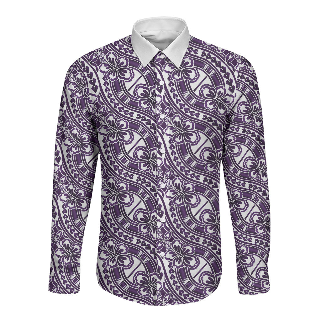 Hibiscus Bloom Island Tribal Waves Long Sleeve Button Shirt Purple Polynesian Pattern LT01 Unisex Purple - Polynesian Pride