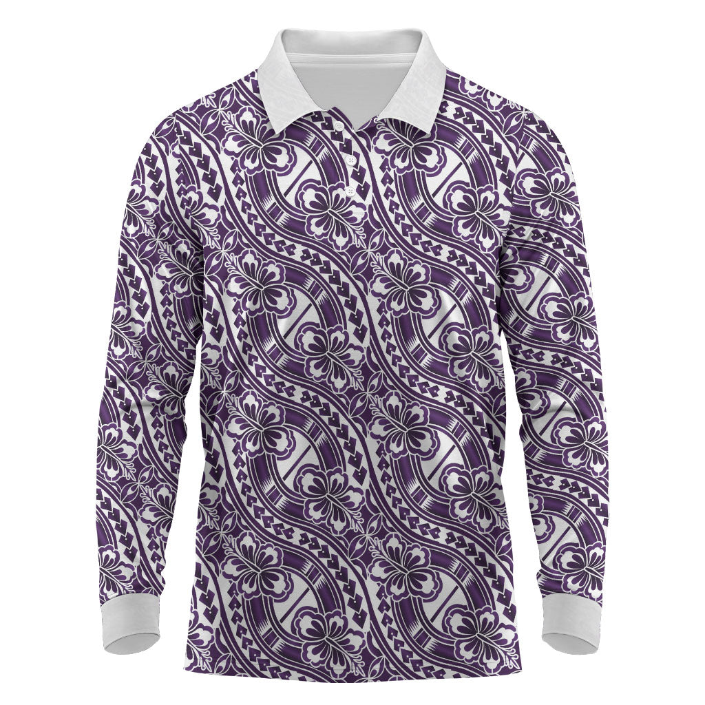 Hibiscus Bloom Island Tribal Waves Long Sleeve Polo Shirt Purple Polynesian Pattern LT01 Purple - Polynesian Pride