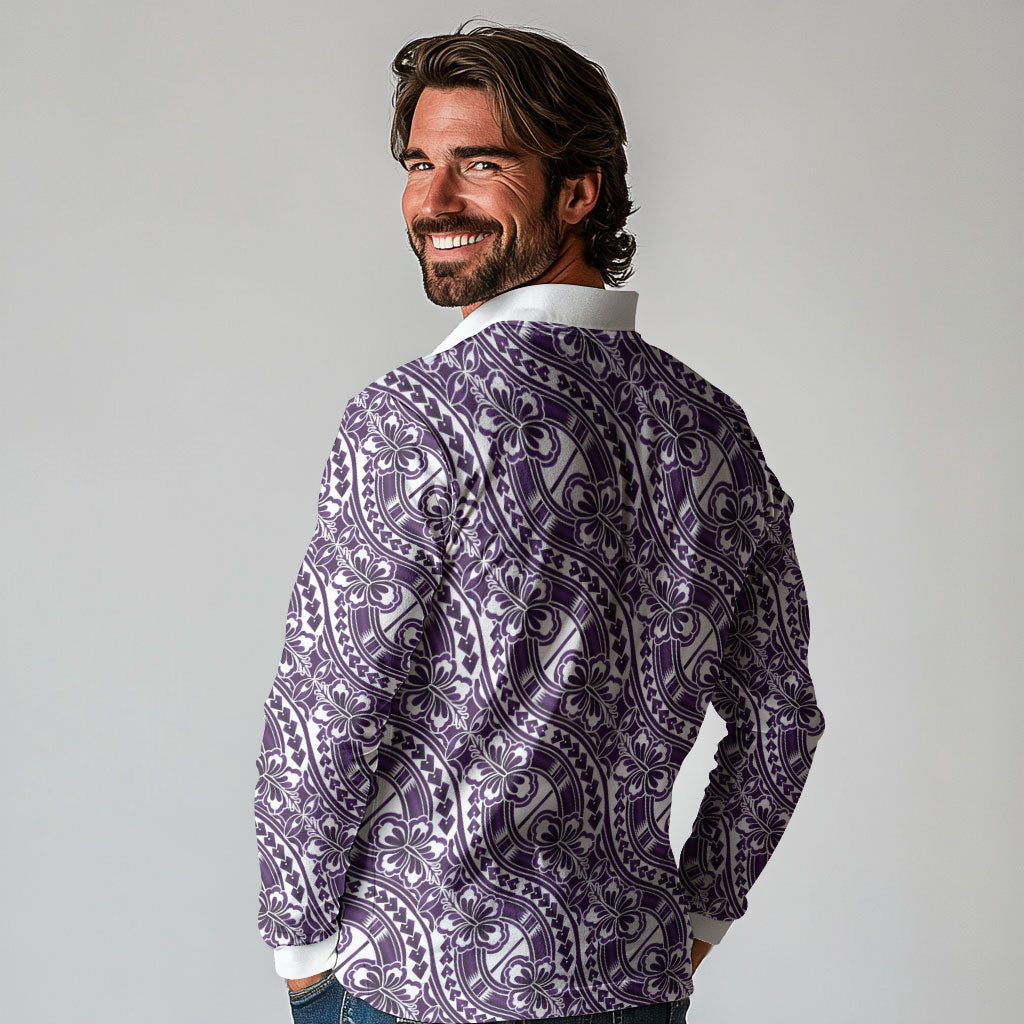 Hibiscus Bloom Island Tribal Waves Long Sleeve Polo Shirt Purple Polynesian Pattern LT01 - Polynesian Pride