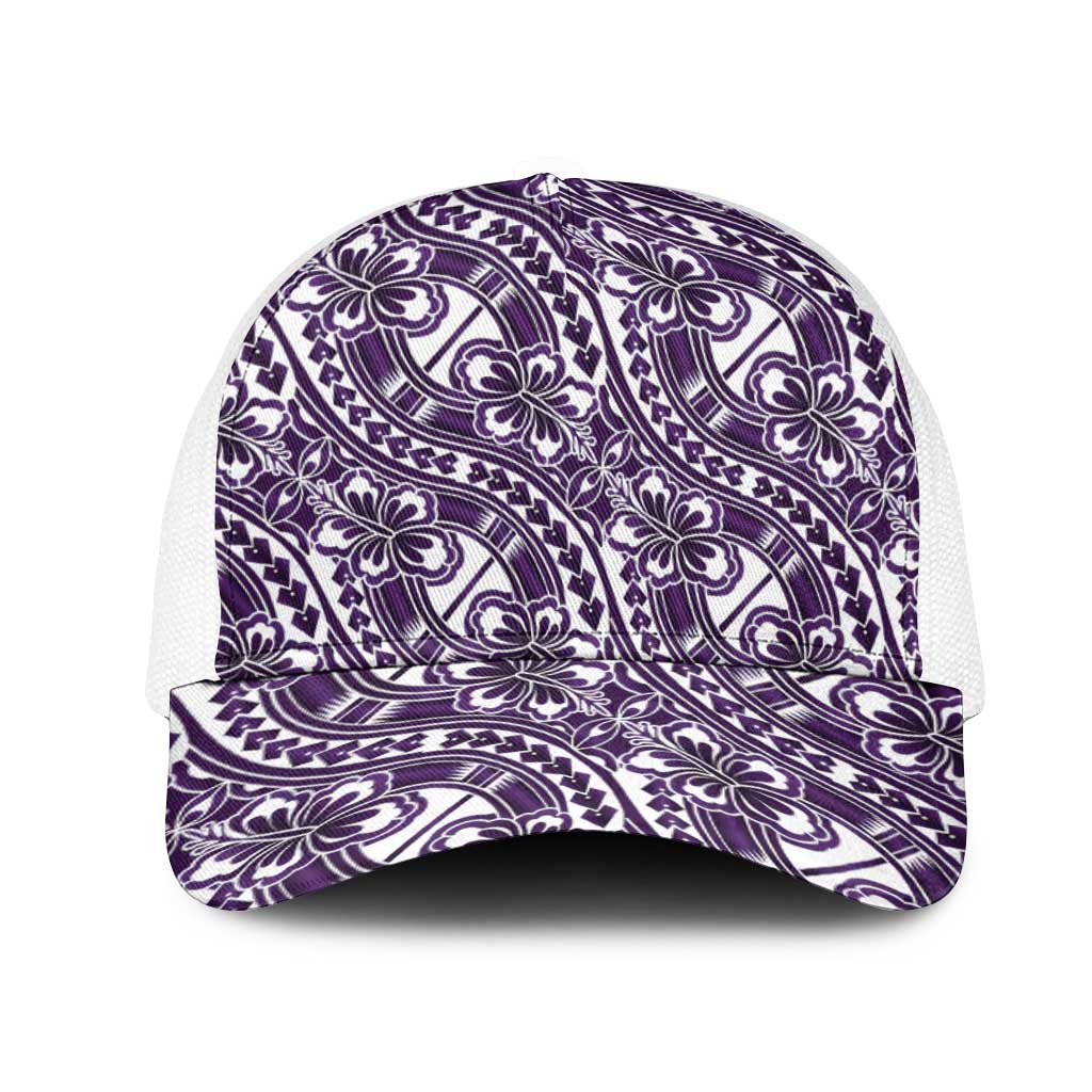 Hibiscus Bloom Island Tribal Waves Mesh Trucker Cap Purple Polynesian Pattern LT01 One Size White Purple - Polynesian Pride