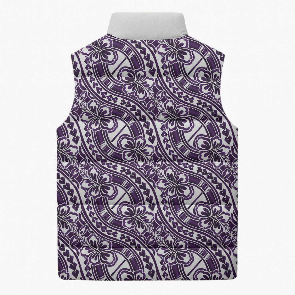 Hibiscus Bloom Island Tribal Waves Sleeveless Puffer Jacket Purple Polynesian Pattern LT01 - Polynesian Pride