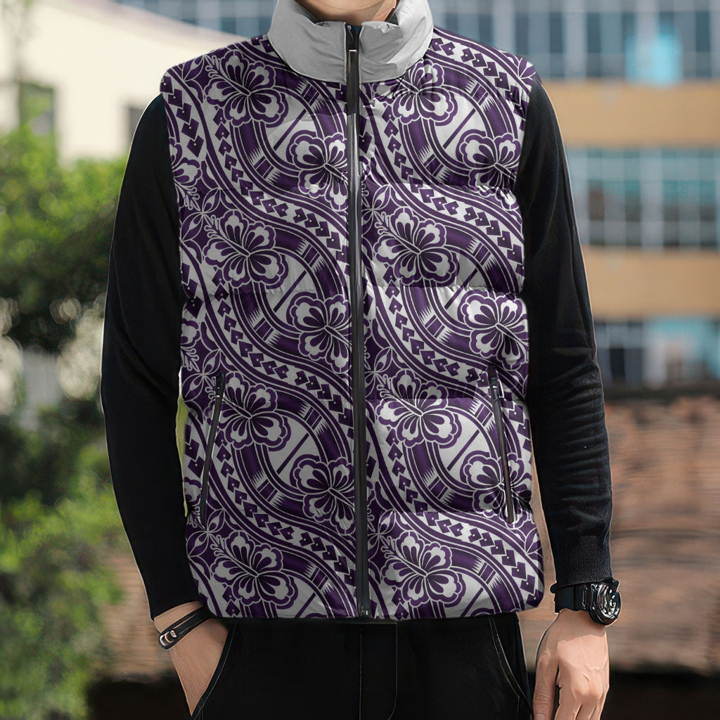 Hibiscus Bloom Island Tribal Waves Sleeveless Puffer Jacket Purple Polynesian Pattern LT01 - Polynesian Pride