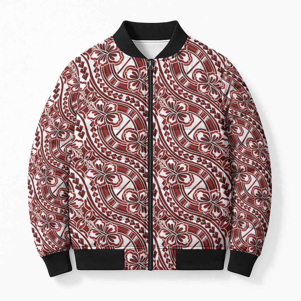 Hibiscus Bloom Island Tribal Waves Bomber Puffer Jacket Red Polynesian Pattern LT01 Unisex Red - Polynesian Pride
