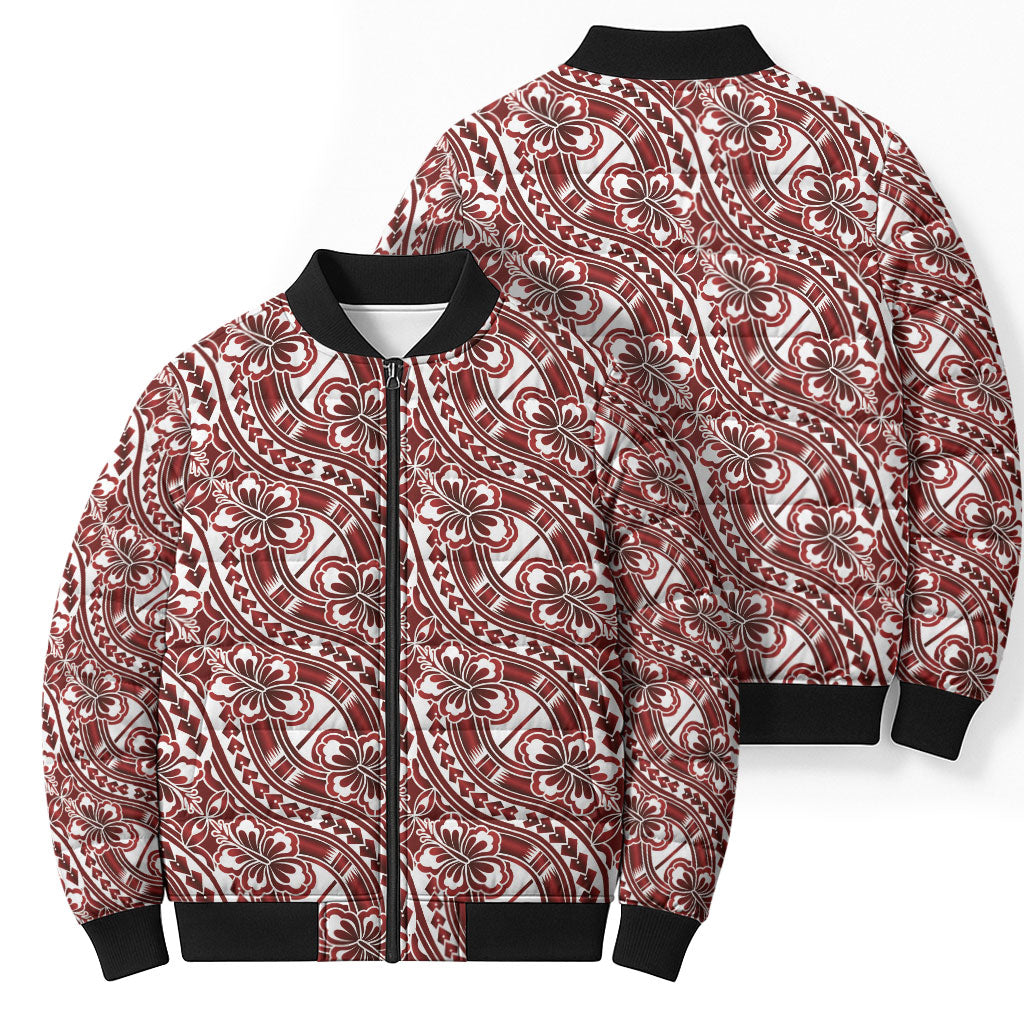 Hibiscus Bloom Island Tribal Waves Bomber Puffer Jacket Red Polynesian Pattern LT01 - Polynesian Pride