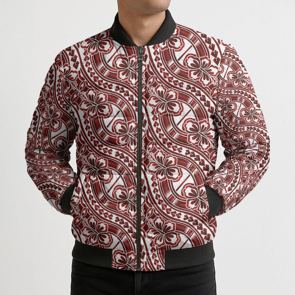 Hibiscus Bloom Island Tribal Waves Bomber Puffer Jacket Red Polynesian Pattern LT01 - Polynesian Pride