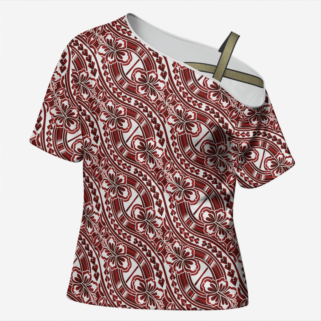 Hibiscus Bloom Island Tribal Waves Cross Shoulder Shirt Red Polynesian Pattern LT01 Female Red - Polynesian Pride