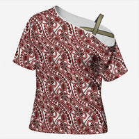 Hibiscus Bloom Island Tribal Waves Cross Shoulder Shirt Red Polynesian Pattern LT01 Female Red - Polynesian Pride