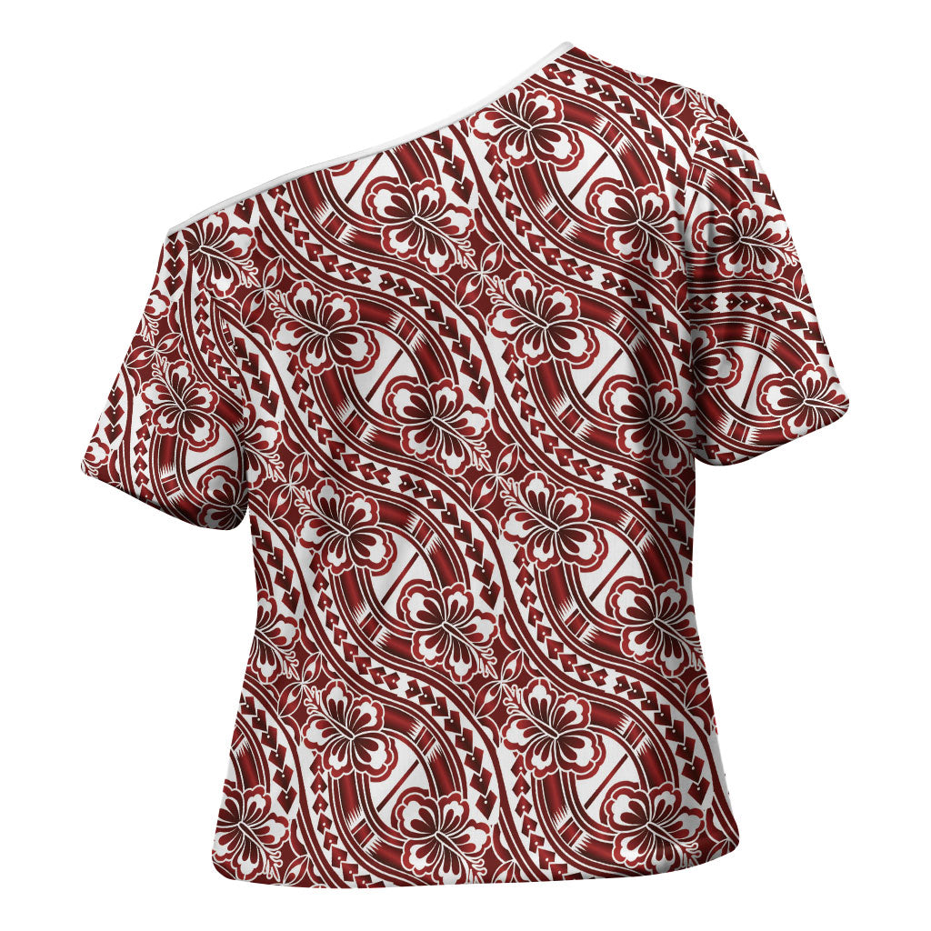 Hibiscus Bloom Island Tribal Waves Cross Shoulder Shirt Red Polynesian Pattern LT01 - Polynesian Pride