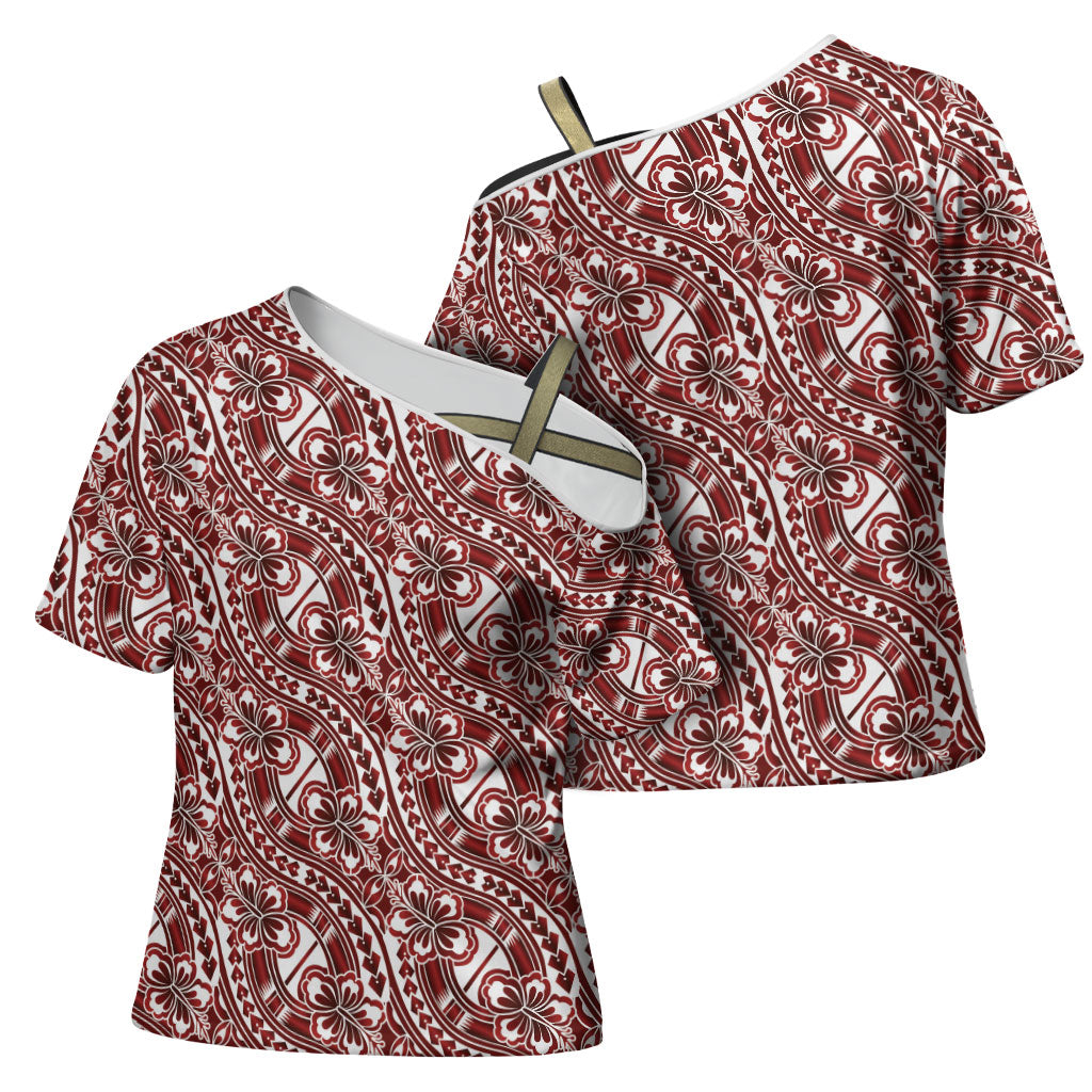 Hibiscus Bloom Island Tribal Waves Cross Shoulder Shirt Red Polynesian Pattern LT01 - Polynesian Pride