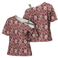 Hibiscus Bloom Island Tribal Waves Cross Shoulder Shirt Red Polynesian Pattern LT01 - Polynesian Pride