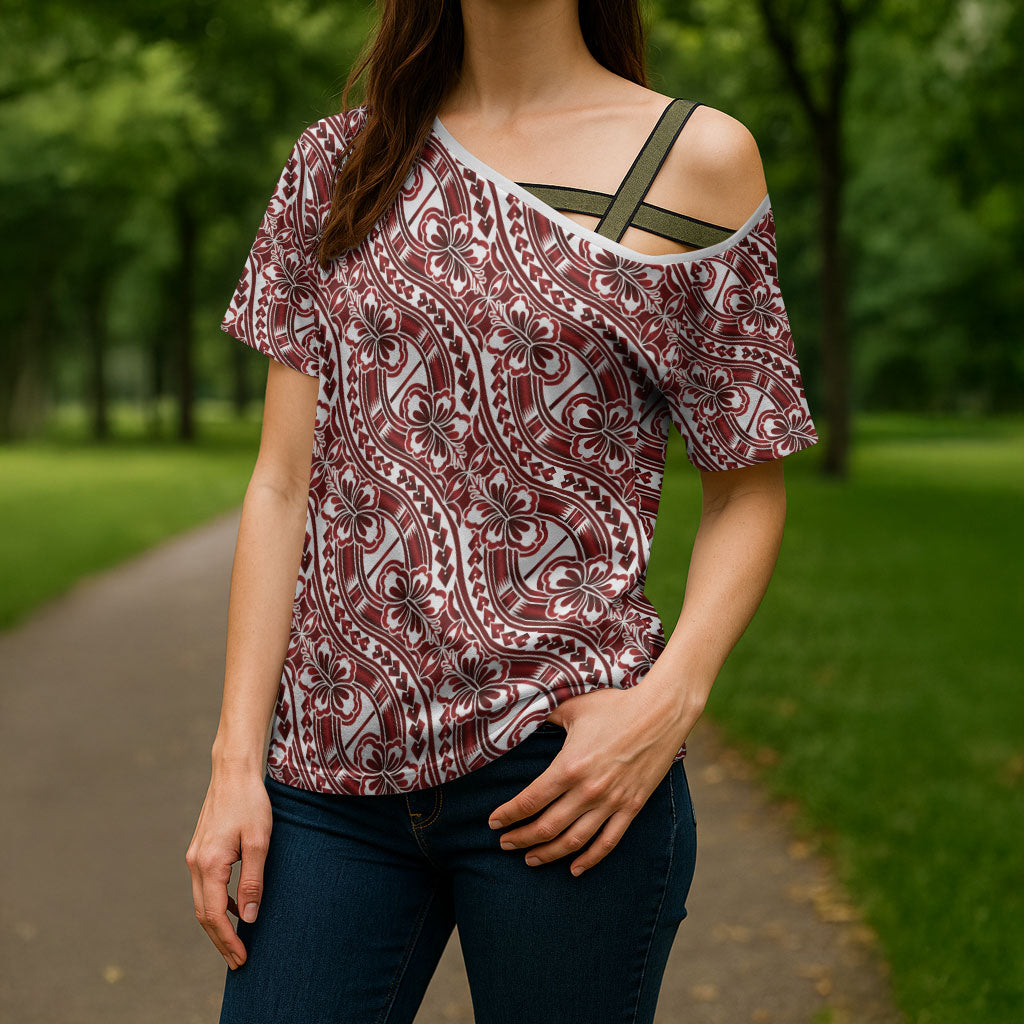Hibiscus Bloom Island Tribal Waves Cross Shoulder Shirt Red Polynesian Pattern LT01 - Polynesian Pride
