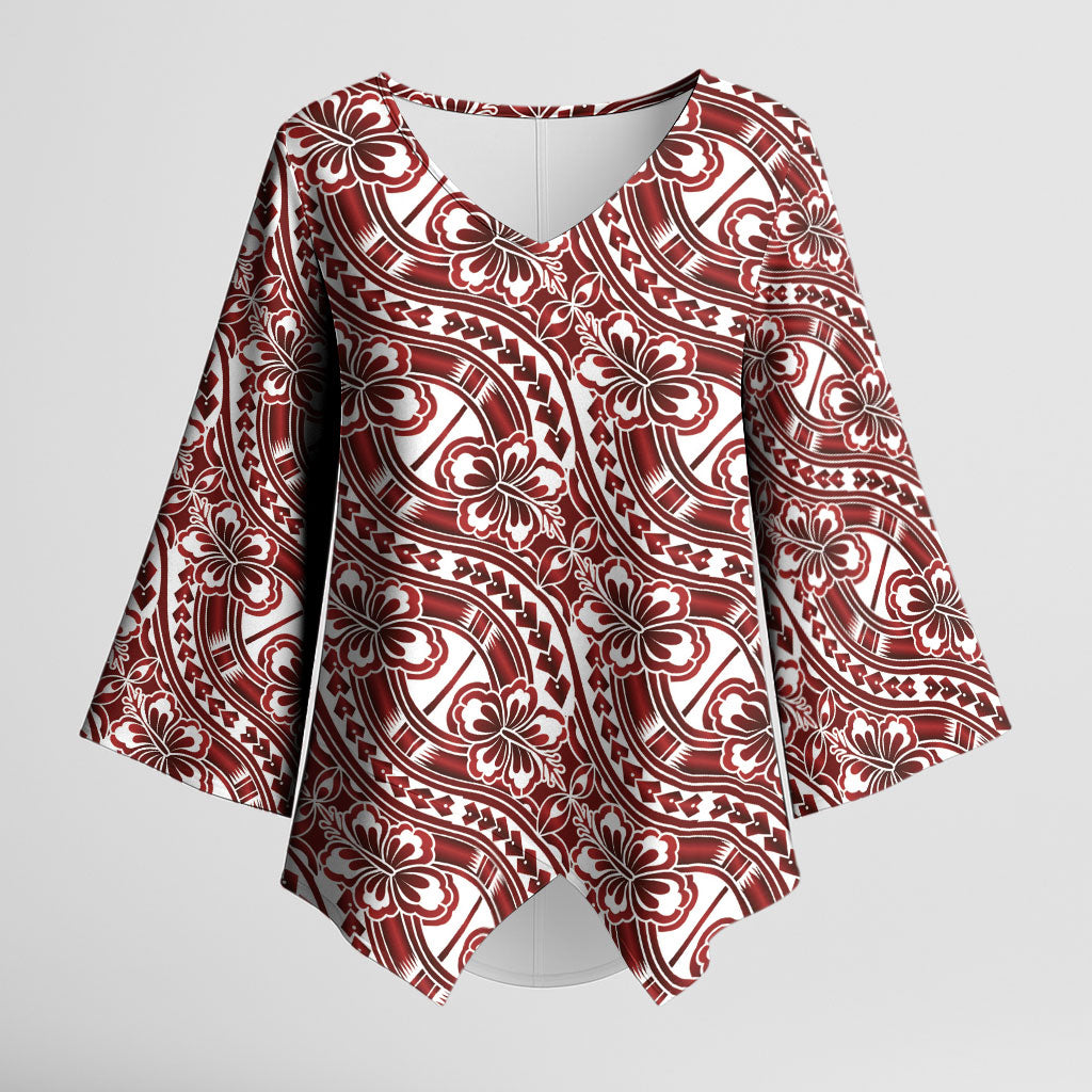 Hibiscus Bloom Island Tribal Waves Kimono Sleeve Blouse Red Polynesian Pattern LT01 Female Red - Polynesian Pride