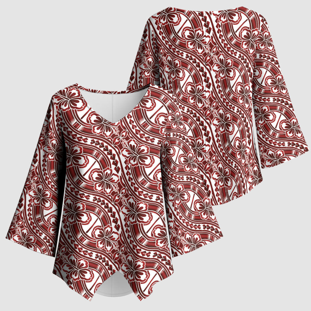 Hibiscus Bloom Island Tribal Waves Kimono Sleeve Blouse Red Polynesian Pattern LT01 - Polynesian Pride