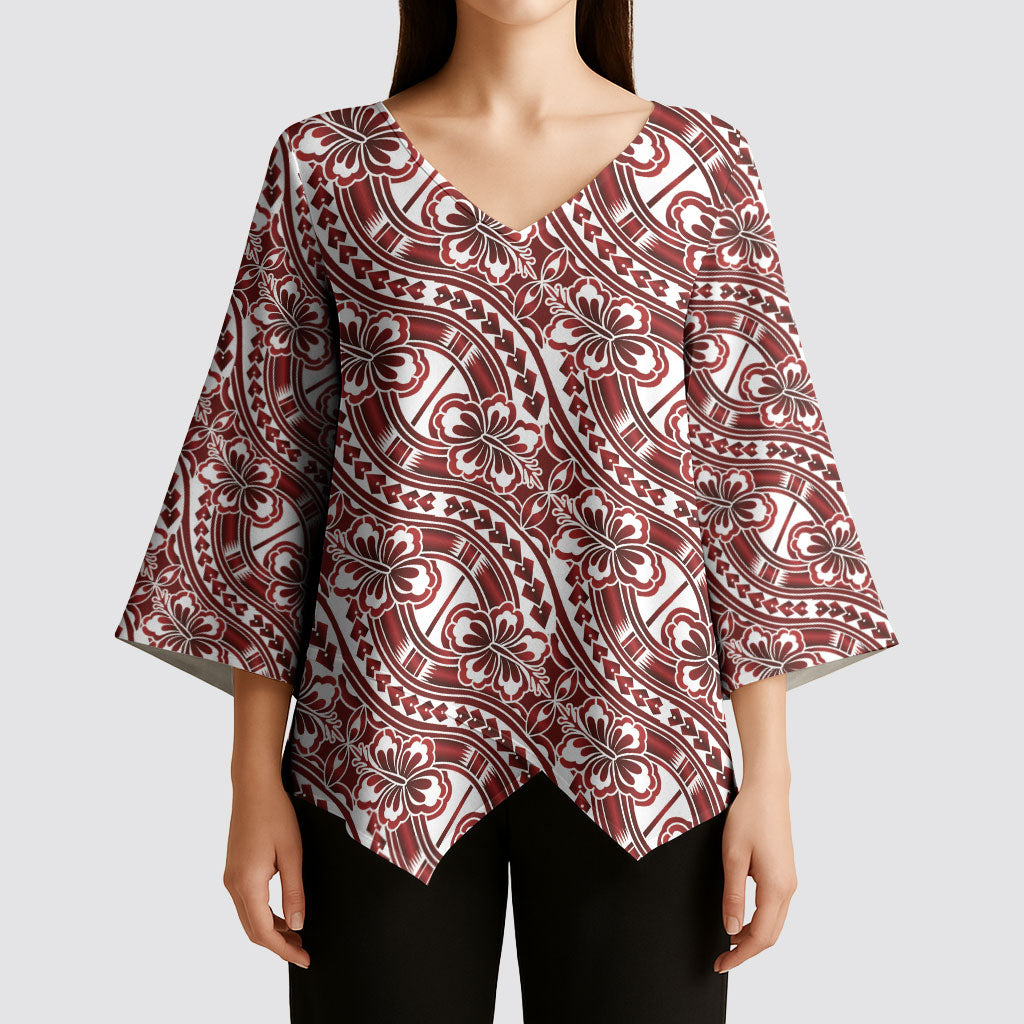Hibiscus Bloom Island Tribal Waves Kimono Sleeve Blouse Red Polynesian Pattern LT01 - Polynesian Pride