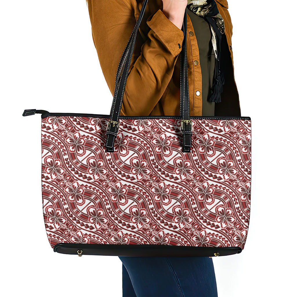 Hibiscus Bloom Island Tribal Waves Leather Tote Bag Red Polynesian Pattern LT01 - Polynesian Pride