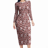 Hibiscus Bloom Island Tribal Waves Long Sleeve Bodycon Dress Red Polynesian Pattern LT01 Long Dress Red - Polynesian Pride
