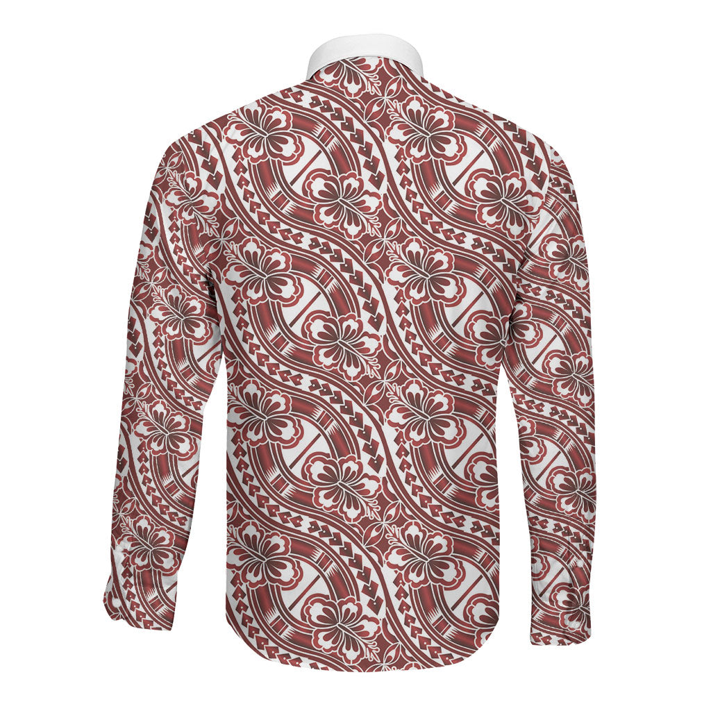 Hibiscus Bloom Island Tribal Waves Long Sleeve Button Shirt Red Polynesian Pattern LT01 - Polynesian Pride