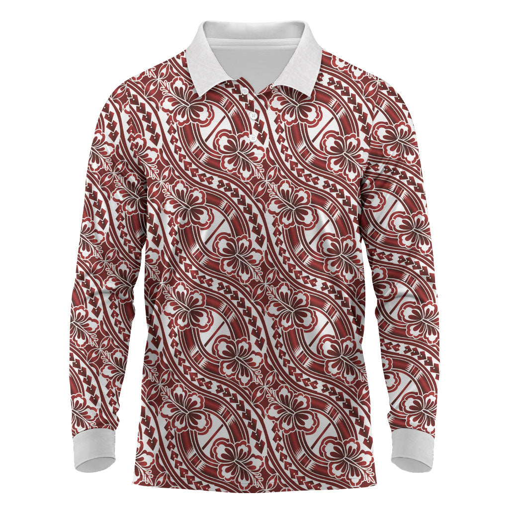 Hibiscus Bloom Island Tribal Waves Long Sleeve Polo Shirt Red Polynesian Pattern LT01 Red - Polynesian Pride