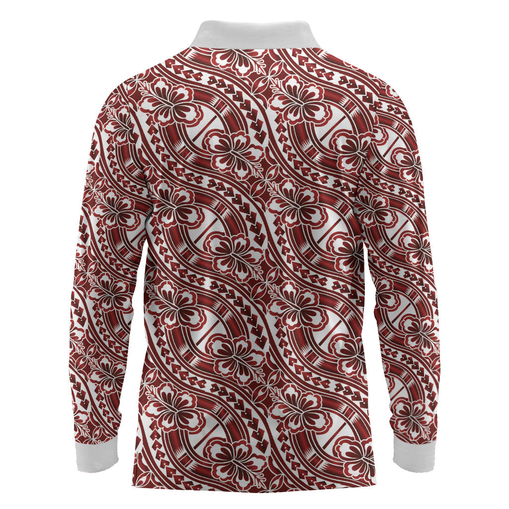 Hibiscus Bloom Island Tribal Waves Long Sleeve Polo Shirt Red Polynesian Pattern LT01 - Polynesian Pride
