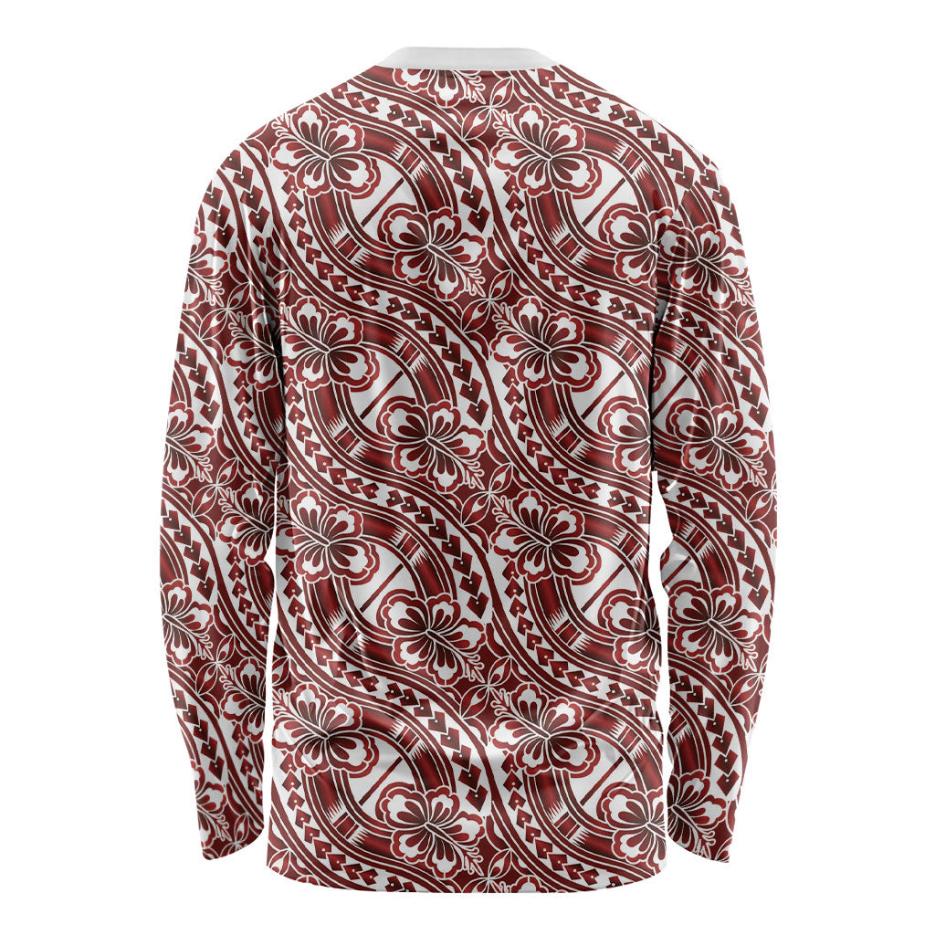 Hibiscus Bloom Island Tribal Waves Long Sleeve Shirt Red Polynesian Pattern LT01 - Polynesian Pride