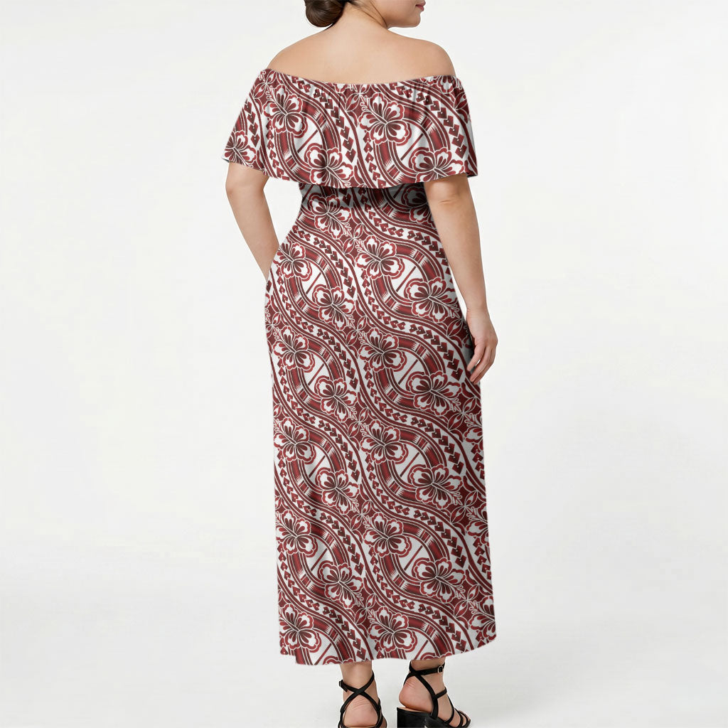Hibiscus Bloom Island Tribal Waves Off Shoulder Maxi Dress Red Polynesian Pattern LT01 - Polynesian Pride