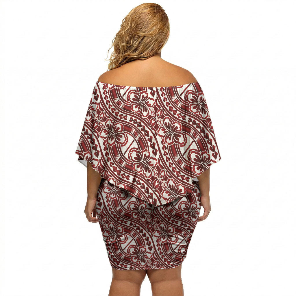 Hibiscus Bloom Island Tribal Waves Off Shoulder Short Dress Red Polynesian Pattern LT01 - Polynesian Pride