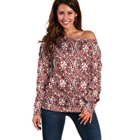 Hibiscus Bloom Island Tribal Waves Off Shoulder Sweater Red Polynesian Pattern LT01 Women Red - Polynesian Pride