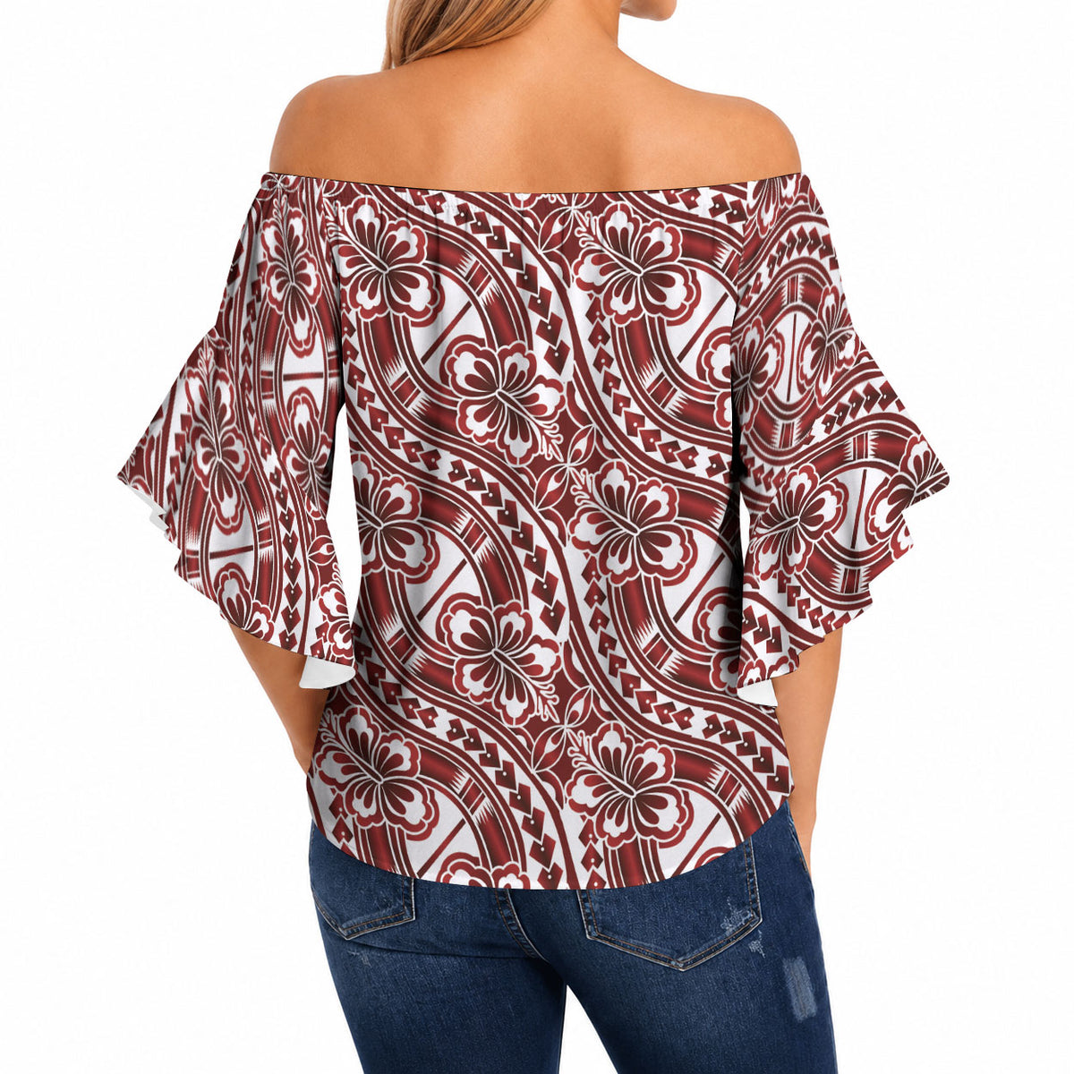 Hibiscus Bloom Island Tribal Waves Off Shoulder Wrap Waist Top Red Polynesian Pattern LT01 - Polynesian Pride