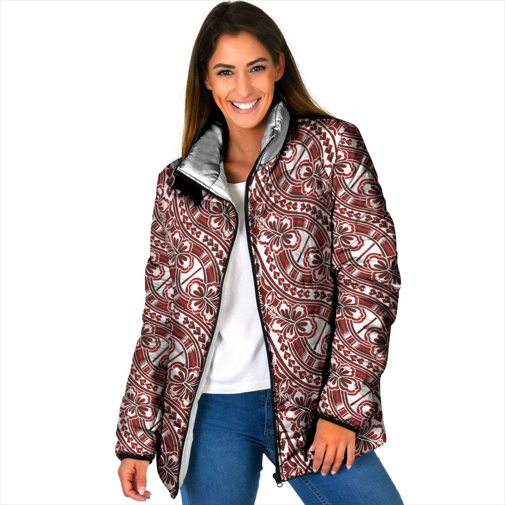 Hibiscus Bloom Island Tribal Waves Padded Jacket Red Polynesian Pattern LT01 Women Red - Polynesian Pride