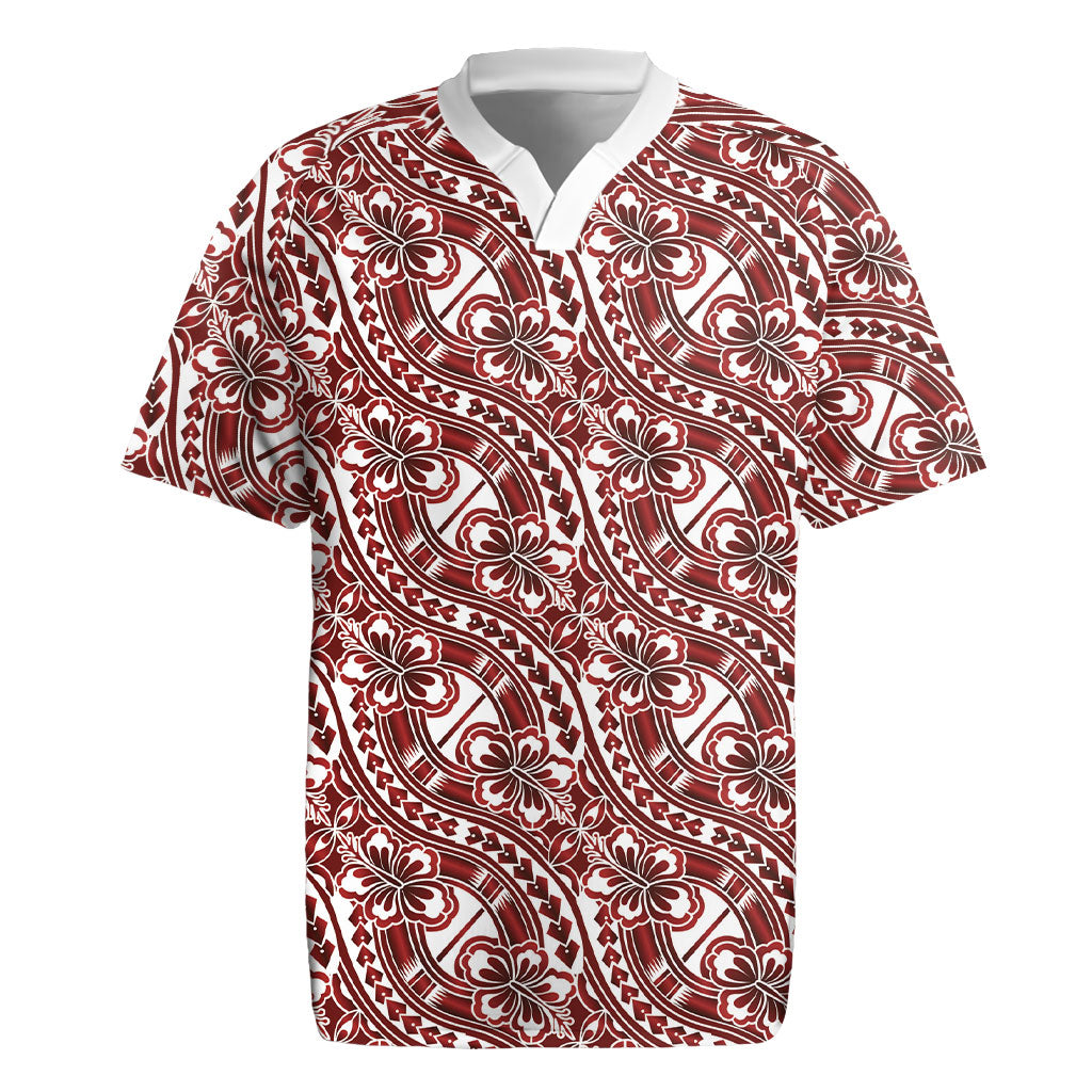 Hibiscus Bloom Island Tribal Waves Rugby Jersey Red Polynesian Pattern LT01 Red - Polynesian Pride