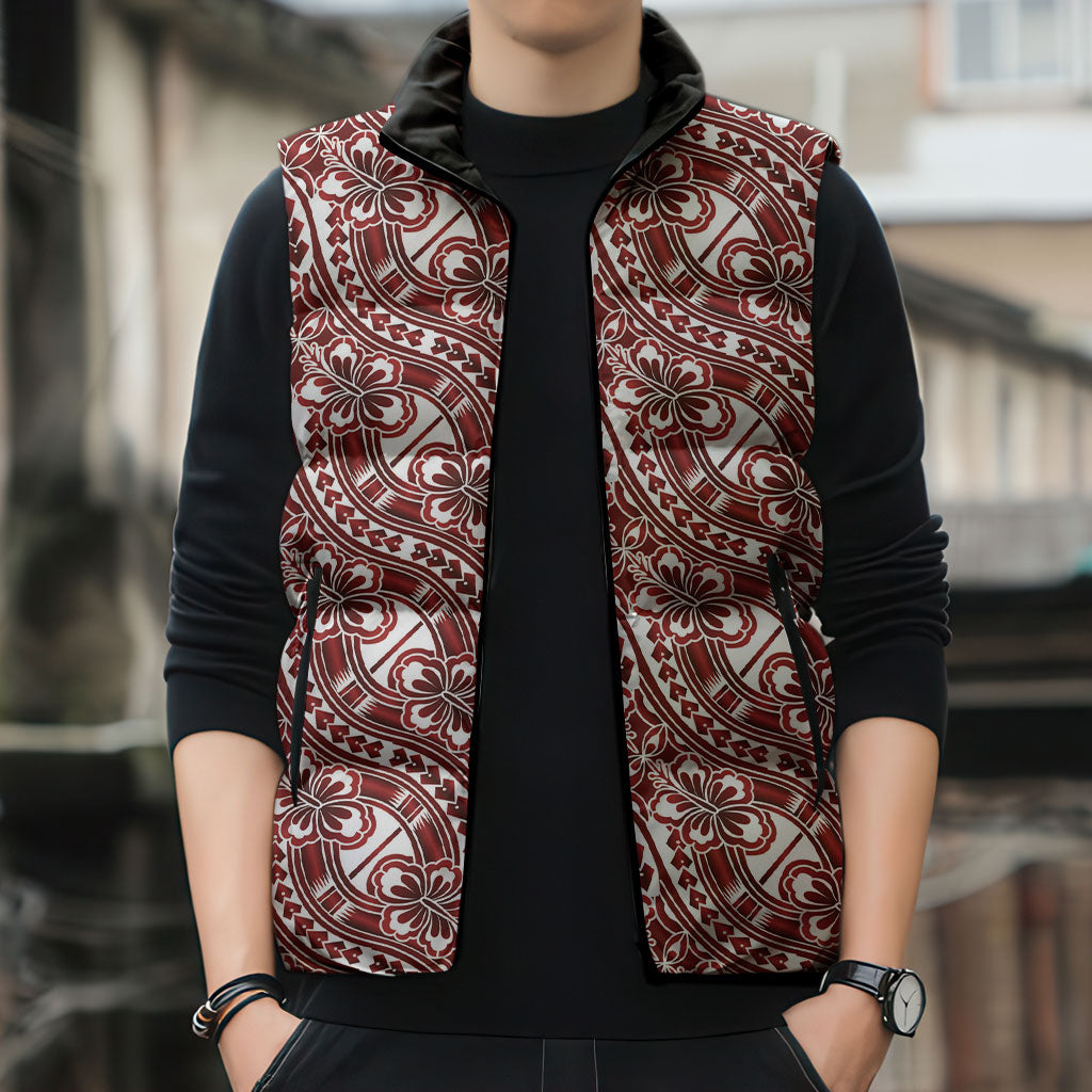 Hibiscus Bloom Island Tribal Waves Sleeveless Puffer Jacket Red Polynesian Pattern LT01 - Polynesian Pride