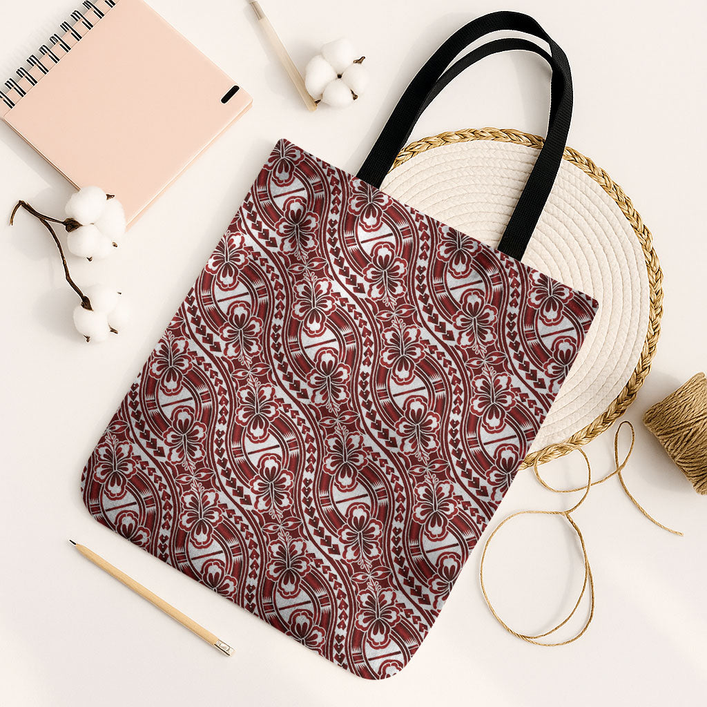 Hibiscus Bloom Island Tribal Waves Tote Bag Red Polynesian Pattern LT01 Black Strap One Size Red - Polynesian Pride