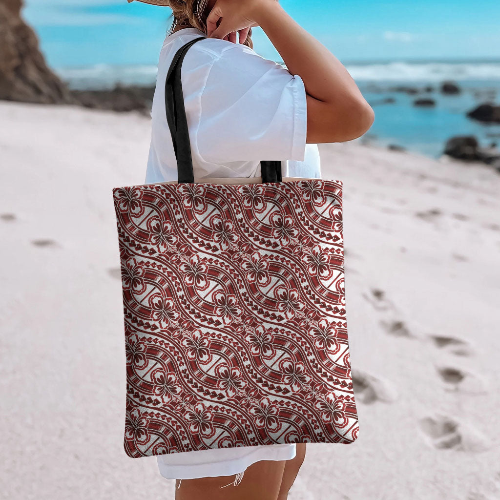 Hibiscus Bloom Island Tribal Waves Tote Bag Red Polynesian Pattern LT01 - Polynesian Pride