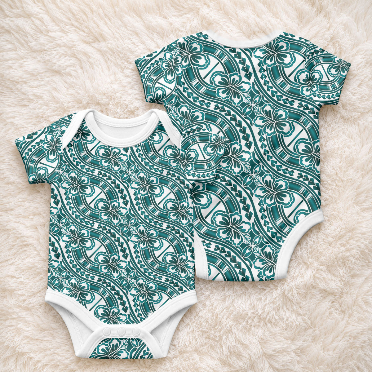 Hibiscus Bloom Island Tribal Waves Baby Onesie Teal Polynesian Pattern LT01 - Polynesian Pride